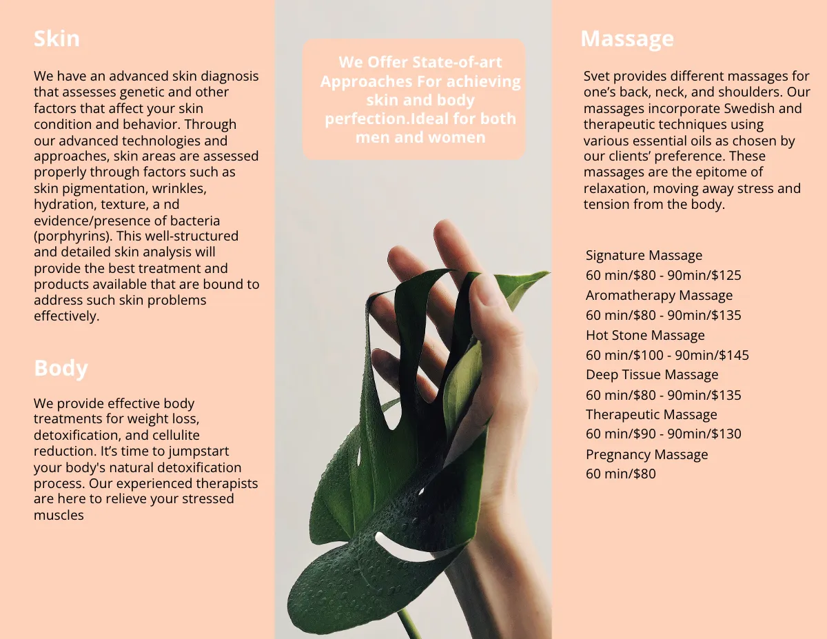 Free Skin Beauty Clinic Tri-Fold Brochure Template to Edit Online