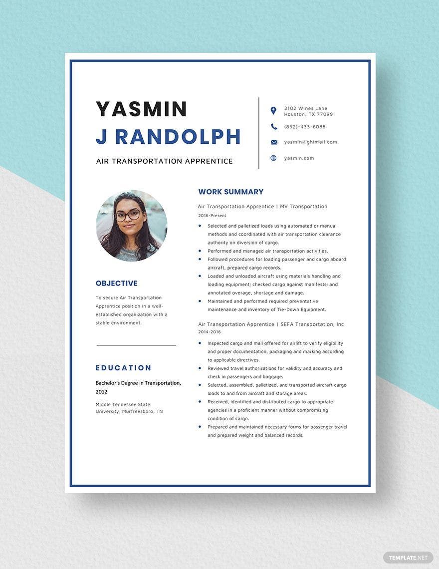 Free Air Transportation Apprentice Resume in Word, Apple Pages