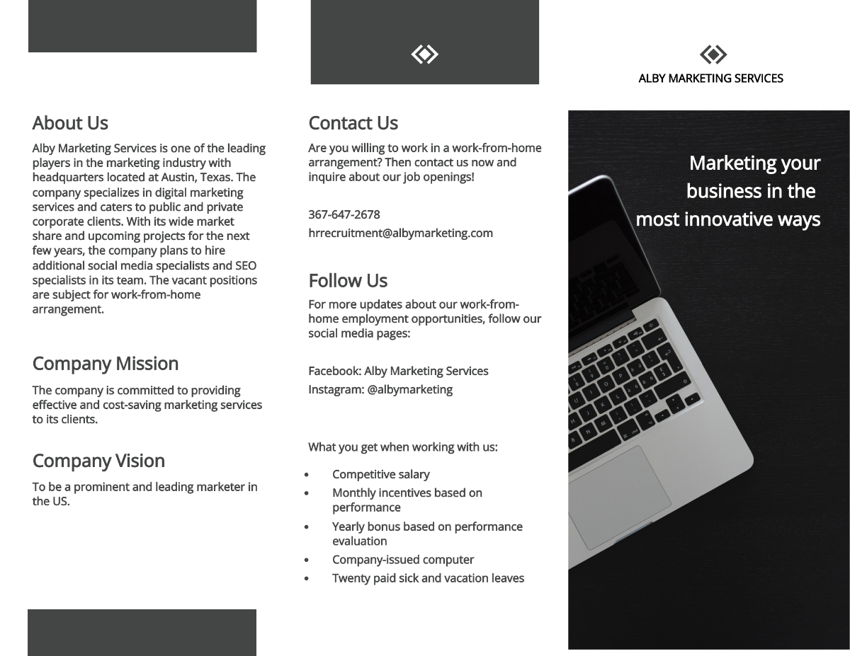 Free Tri-Fold Sample Work From Home Brochure Template