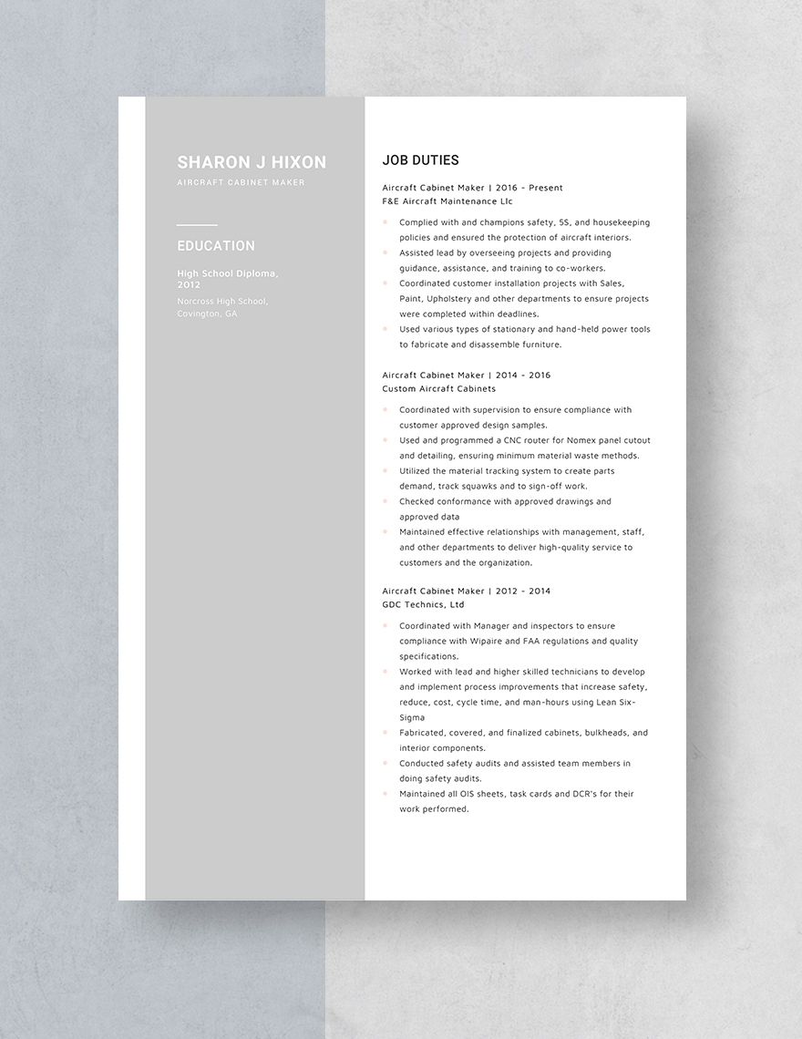 Free Aircraft Cabinet Maker Resume