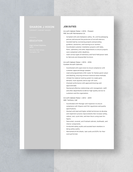Aircraft Cabinet Maker Resume Template