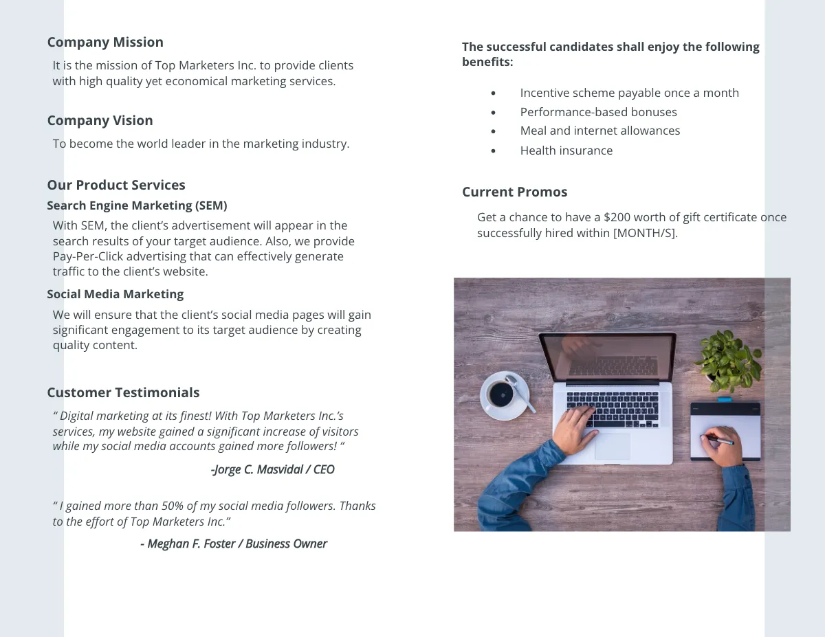 Free Work From Home Bi-Fold Job Brochure Template to Edit Online