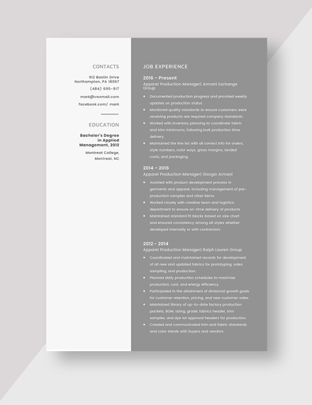 Apparel Production Manager Resume Template