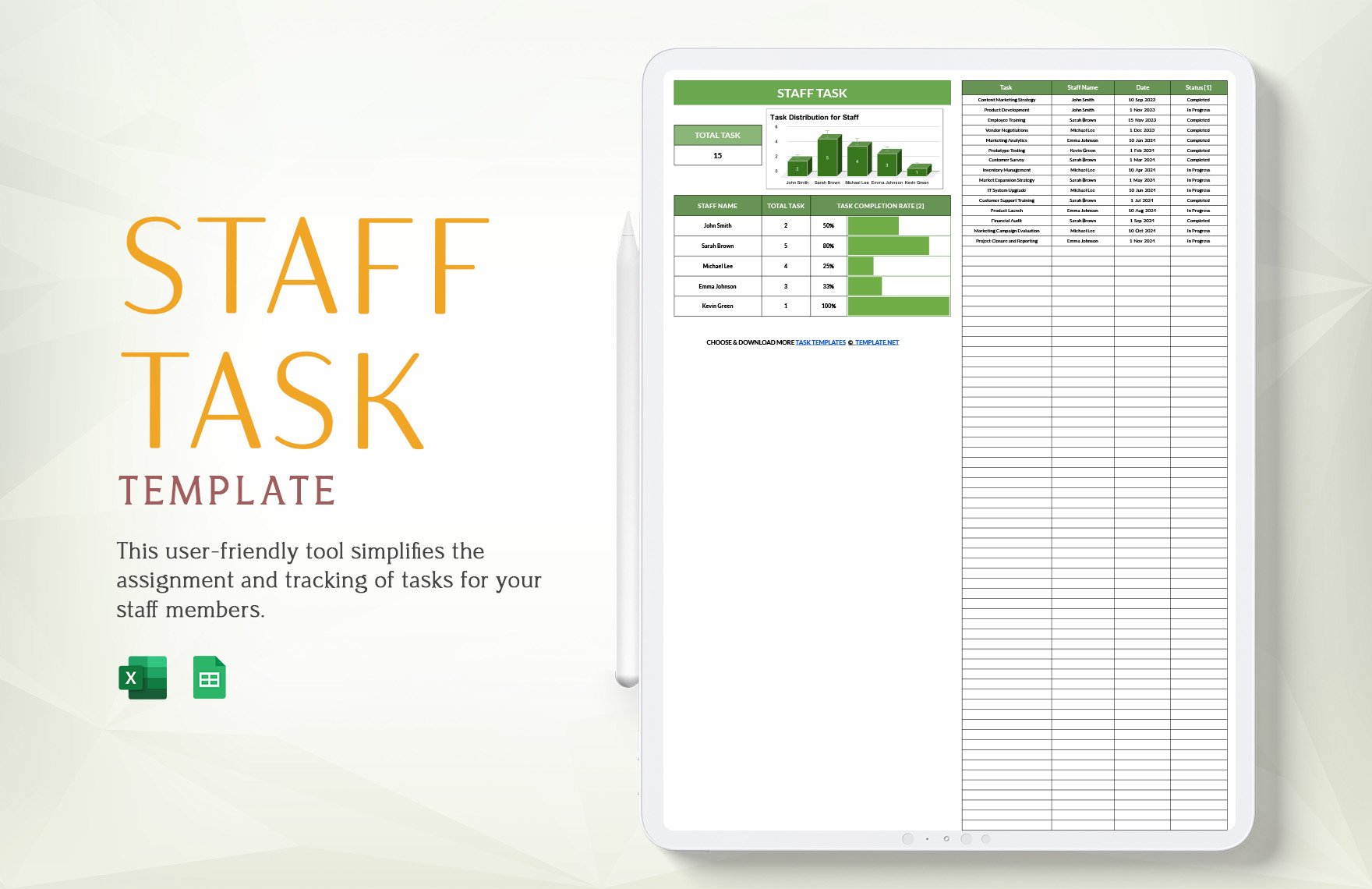 Free Staff Task Template in Excel, Google Sheets