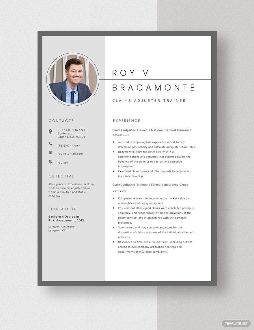 Claims Adjuster Trainee Resume Template