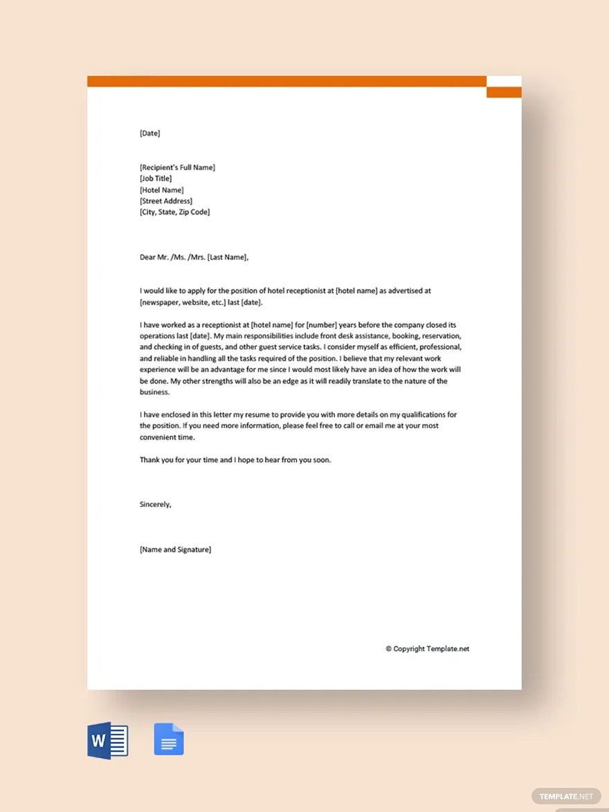 Application Letter for Hotel Receptionist Template in Word, Google Docs, Pages, PDF - Download | Template.net