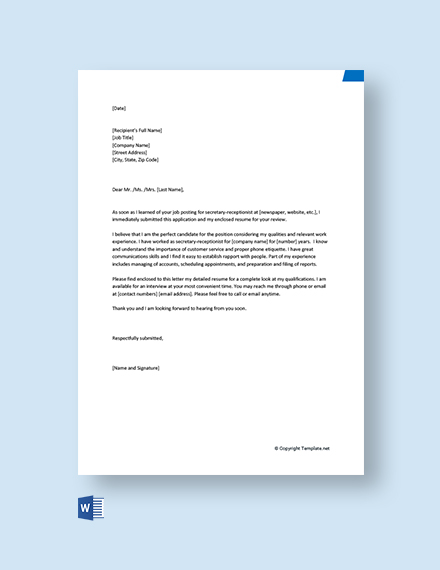 FREE Job Application Letter For Receptionist Position Template - Word