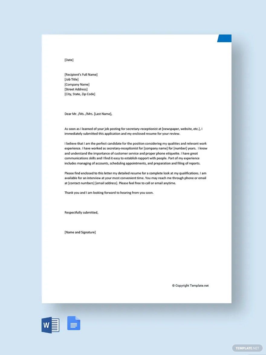 Application Letter for Secretary Receptionist Template
