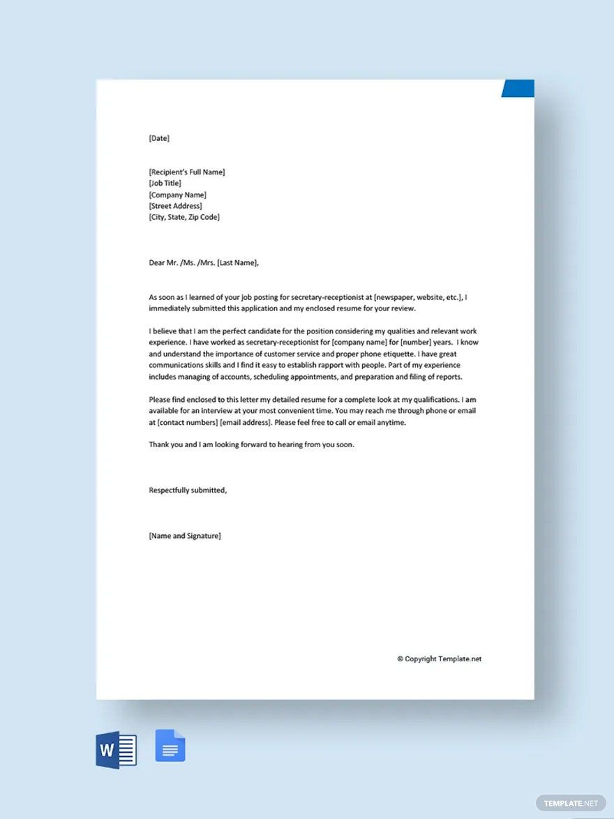 Application Letter for Secretary Receptionist Template in Word, Google Docs, Pages, PDF - Download | Template.net