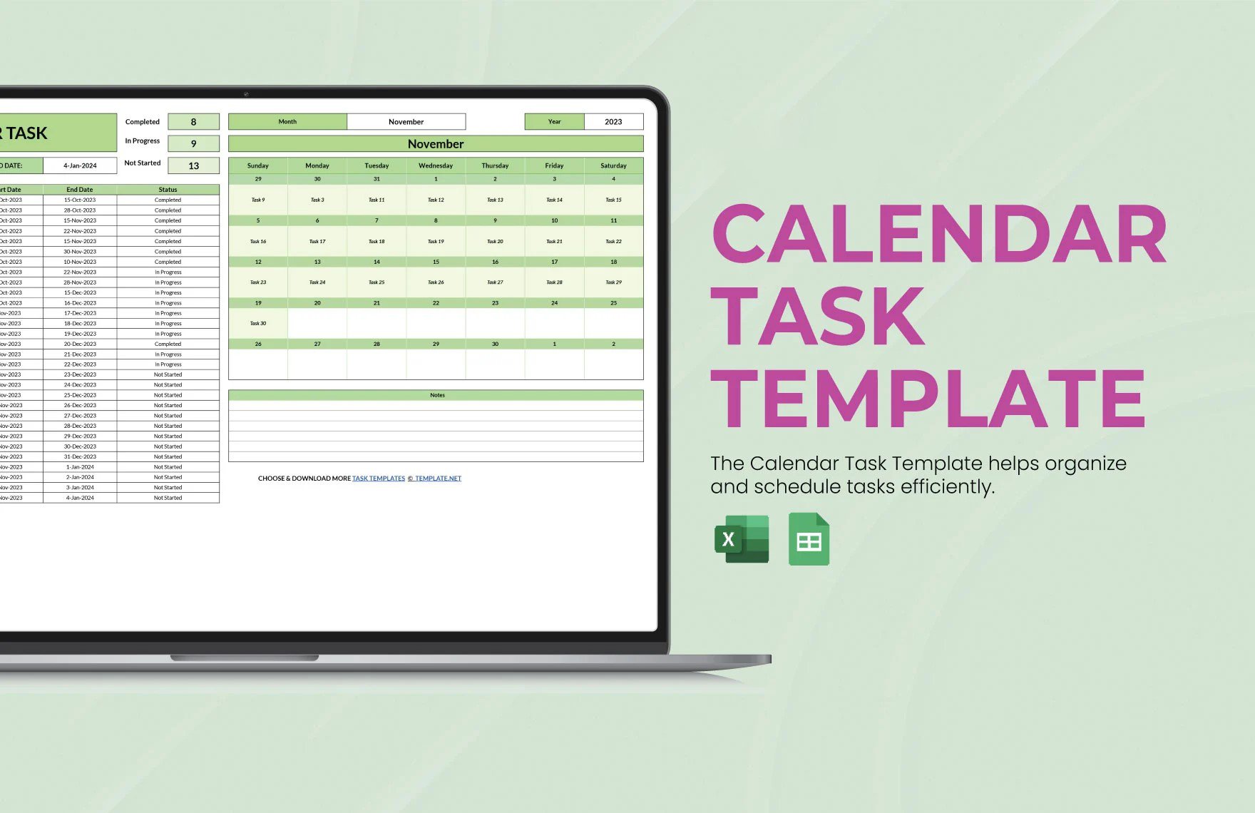 Free Calendar Task Template in Excel, Google Sheets
