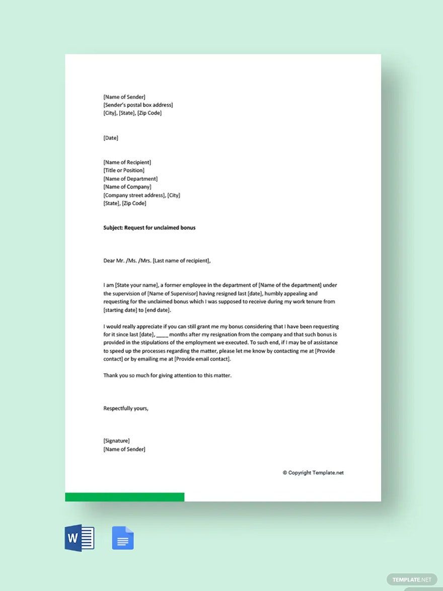 Bonus Request Letter to Previous Company Template in Word, Google Docs, PDF, Apple Pages