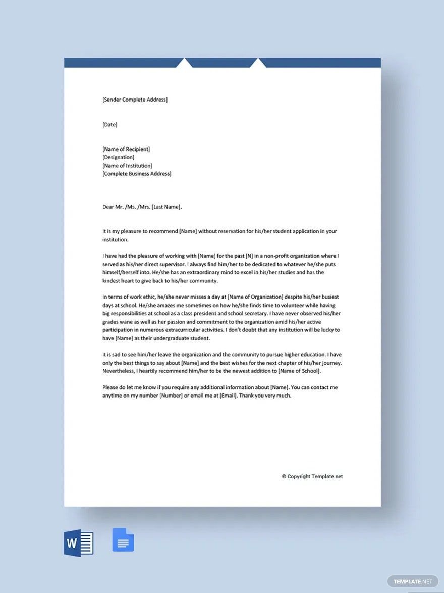 Character Reference Letter for School Template