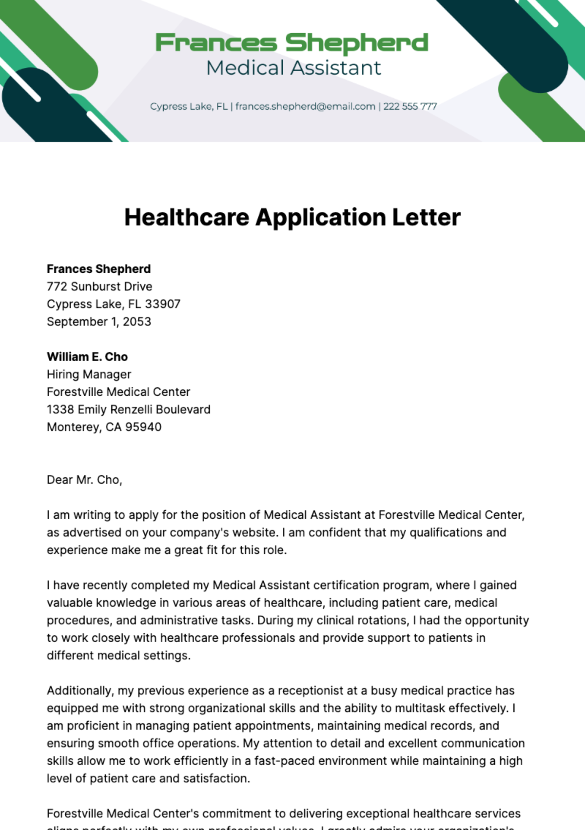 Healthcare Application Letter Template