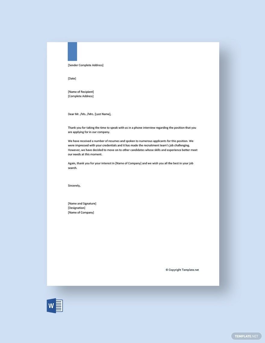 Free Phone Interview Rejection Letter
