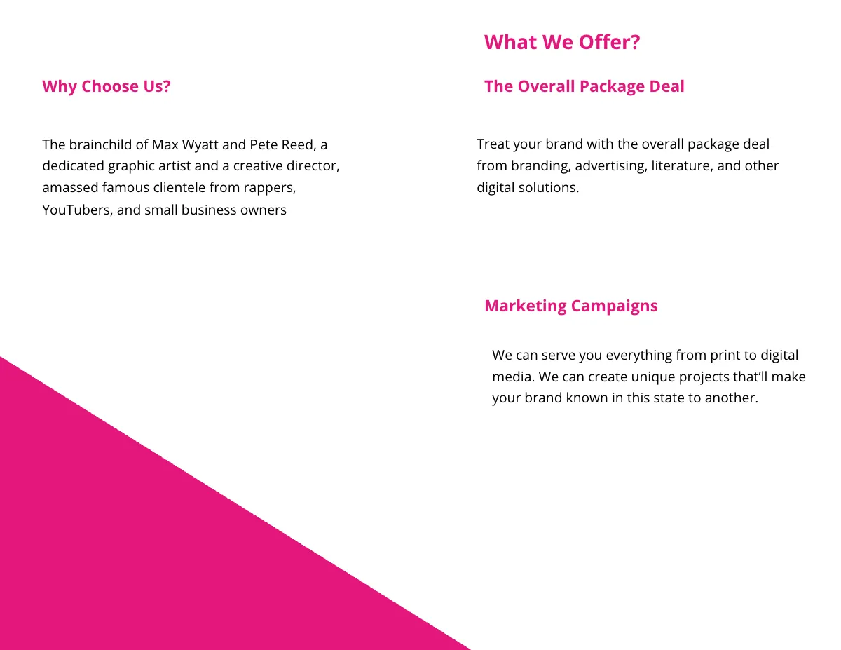 Free Bifold creative advertising agency brochure Template to Edit Online