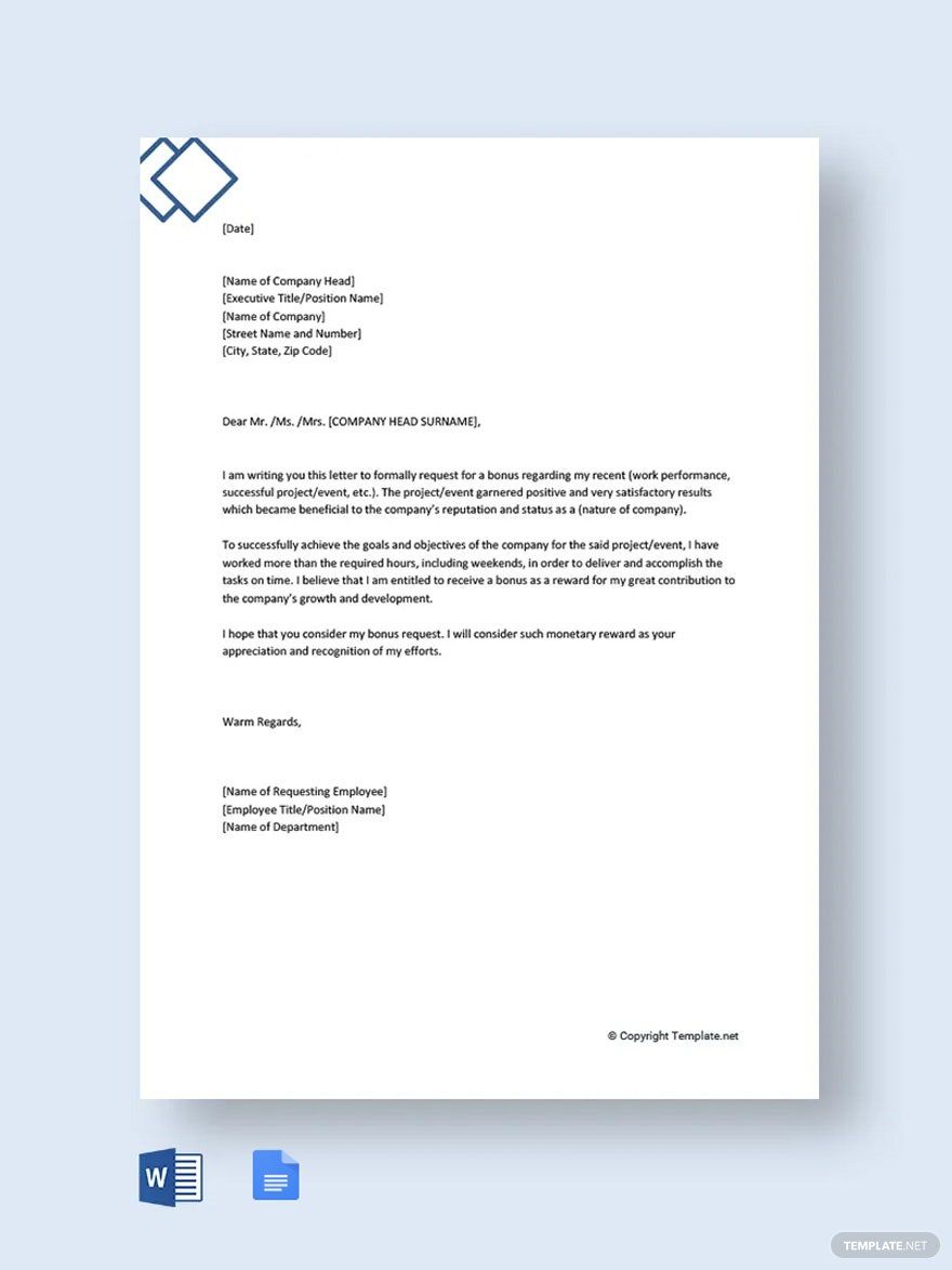 Free Free Request Letter to Company for Bonus Template Google Docs