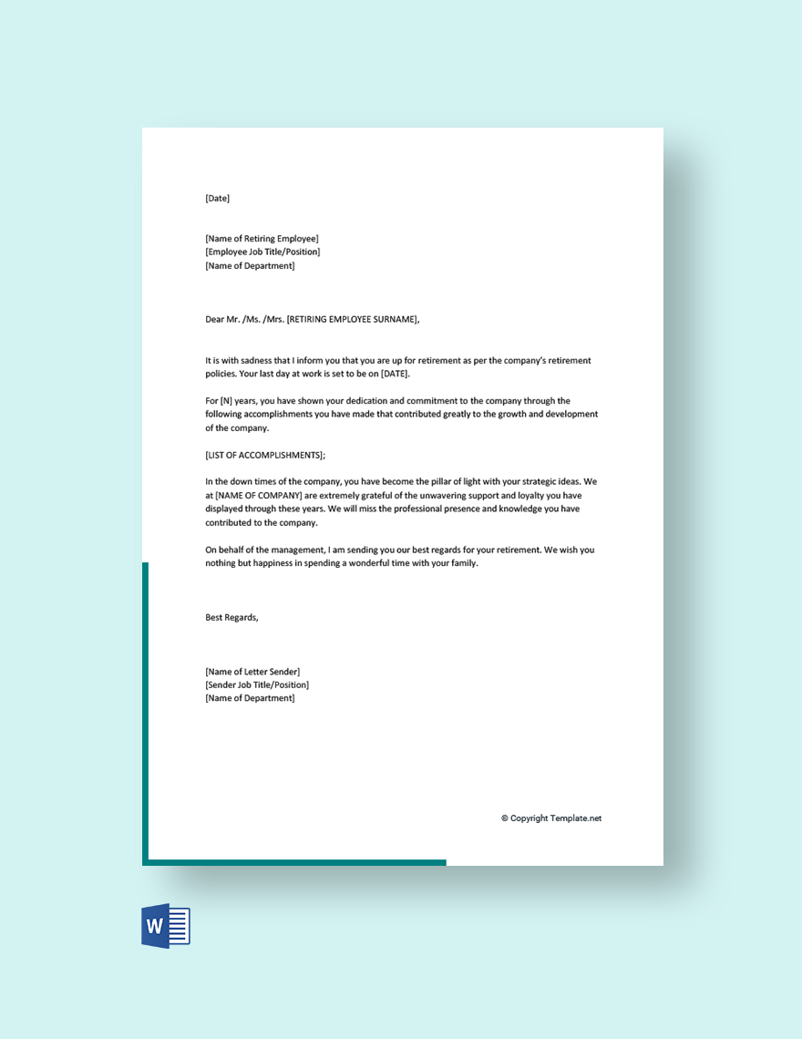 Free Retirement Letter to Employee From Employer Template - Word ...