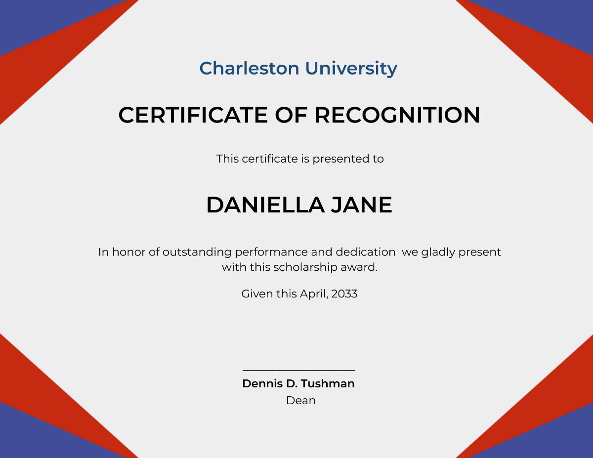 Free Scholarship Recognition Certificate Template