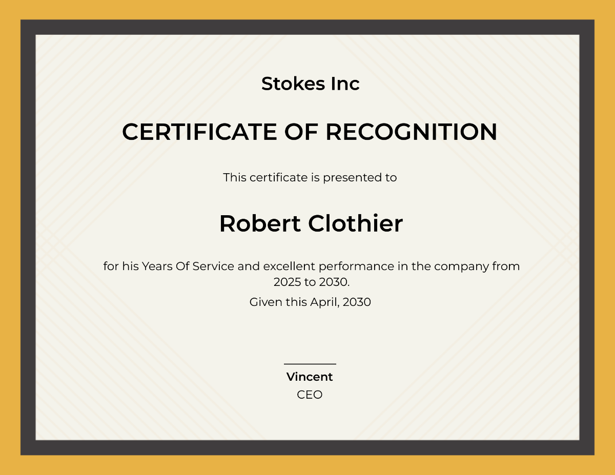 Years Of Service Recognition Certificate Template