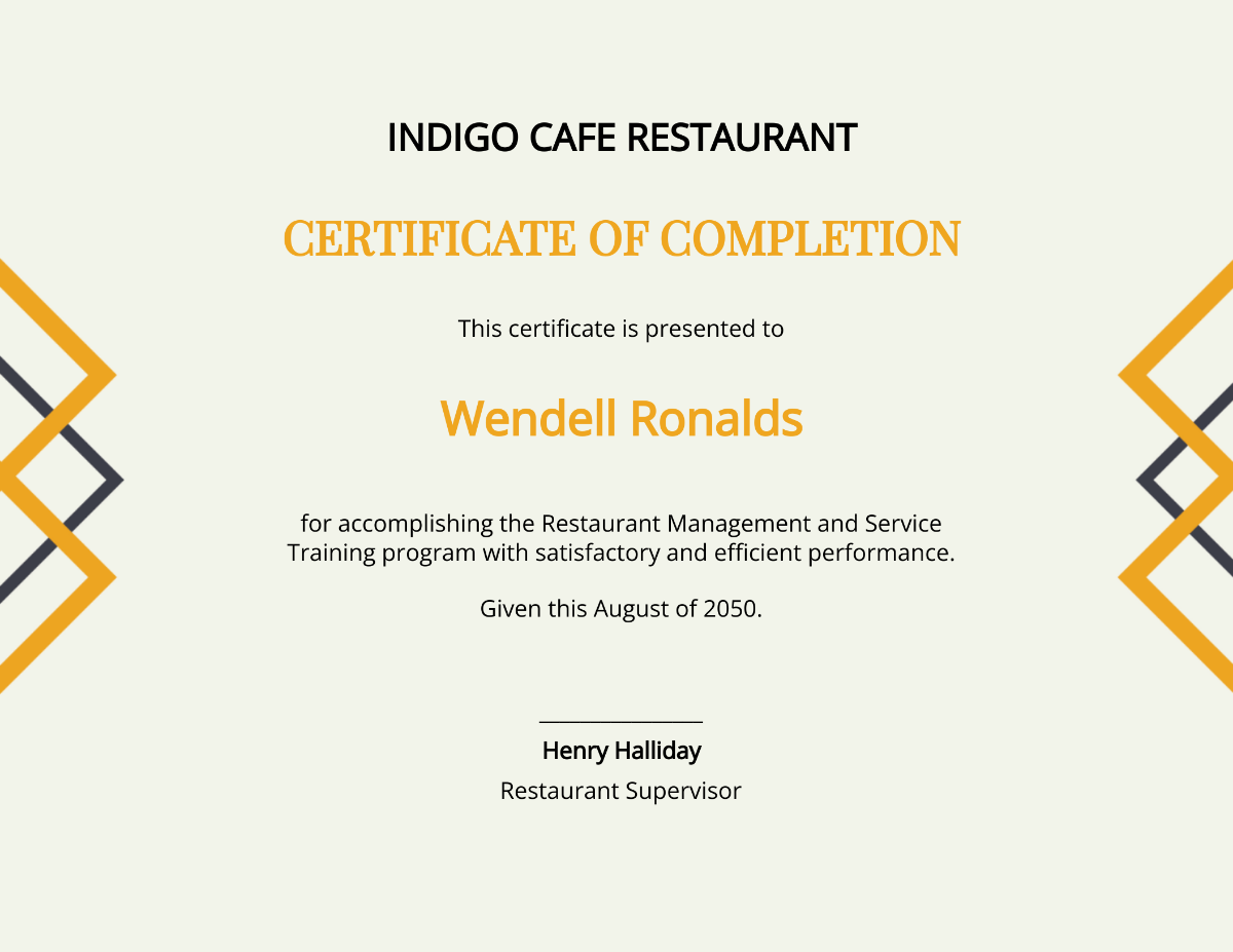 Restaurant Experience Certificate Template