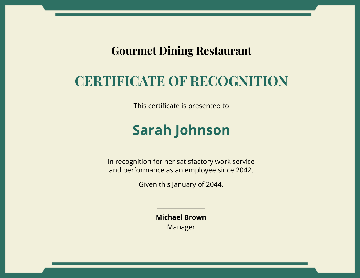 Restaurant Work Experience Certificate