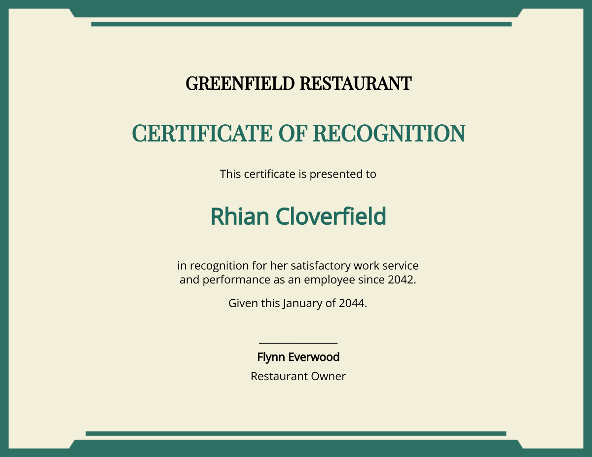 Restaurant Work Experience Certificate Template