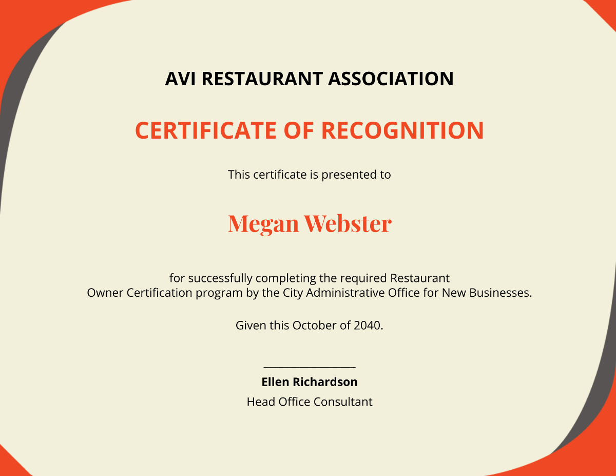 Restaurant Owner Certificate
