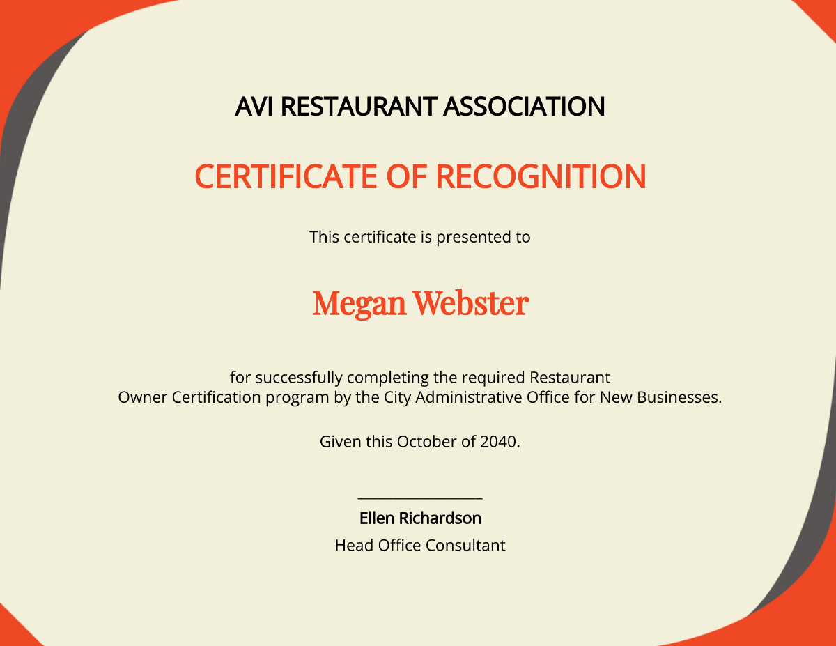 Restaurant Owner Certificate Template