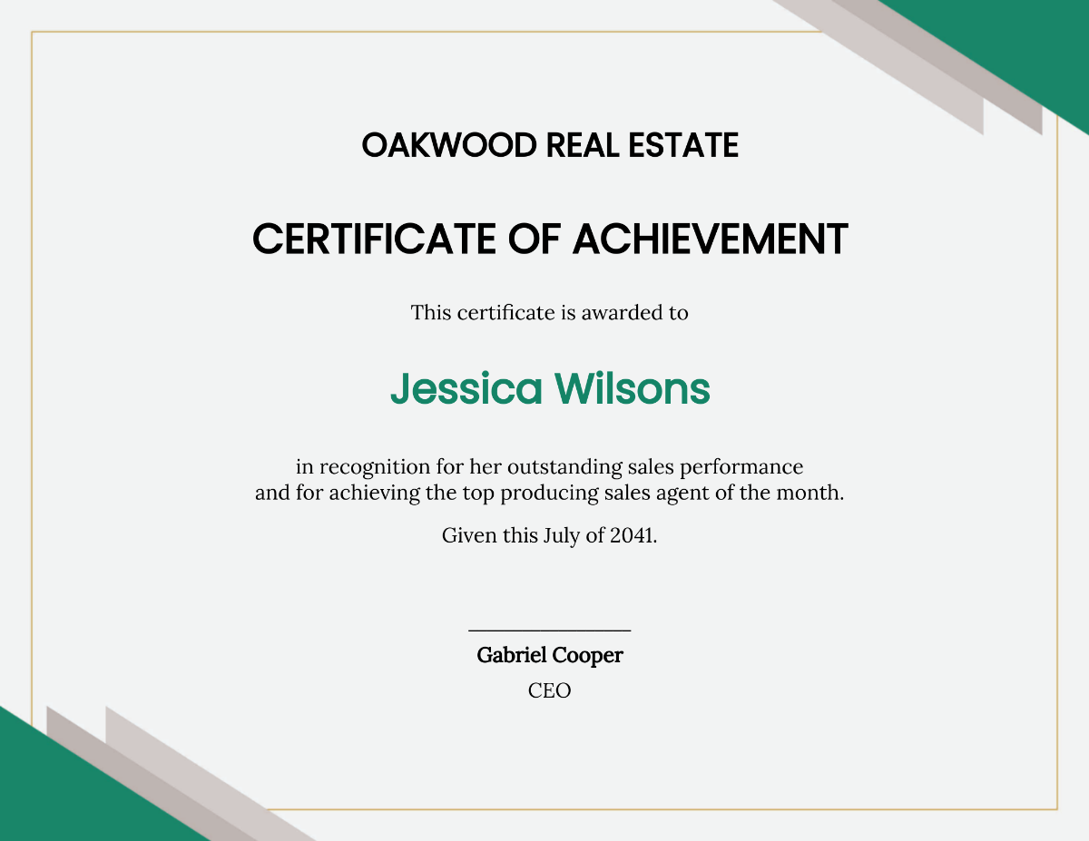 achievement real estate certificate Template