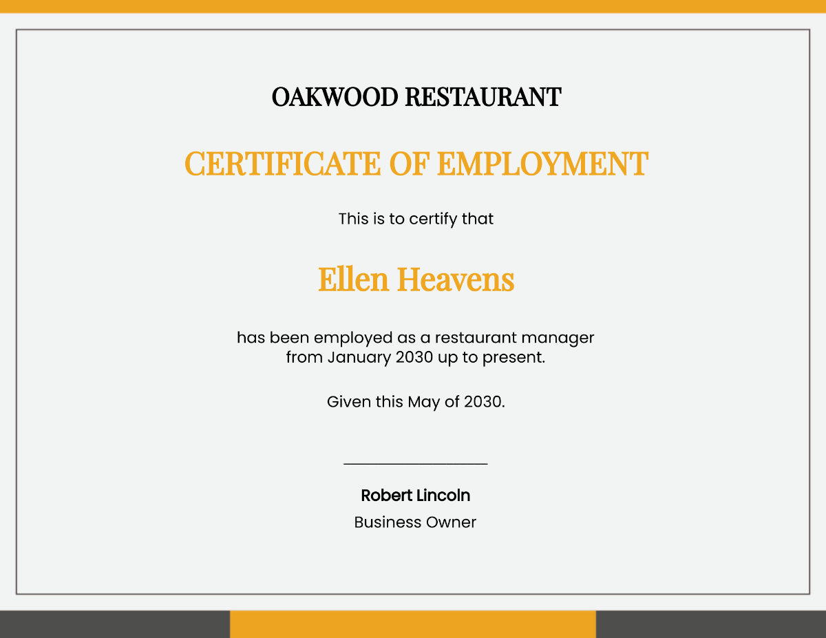 restaurant employment certificate Template