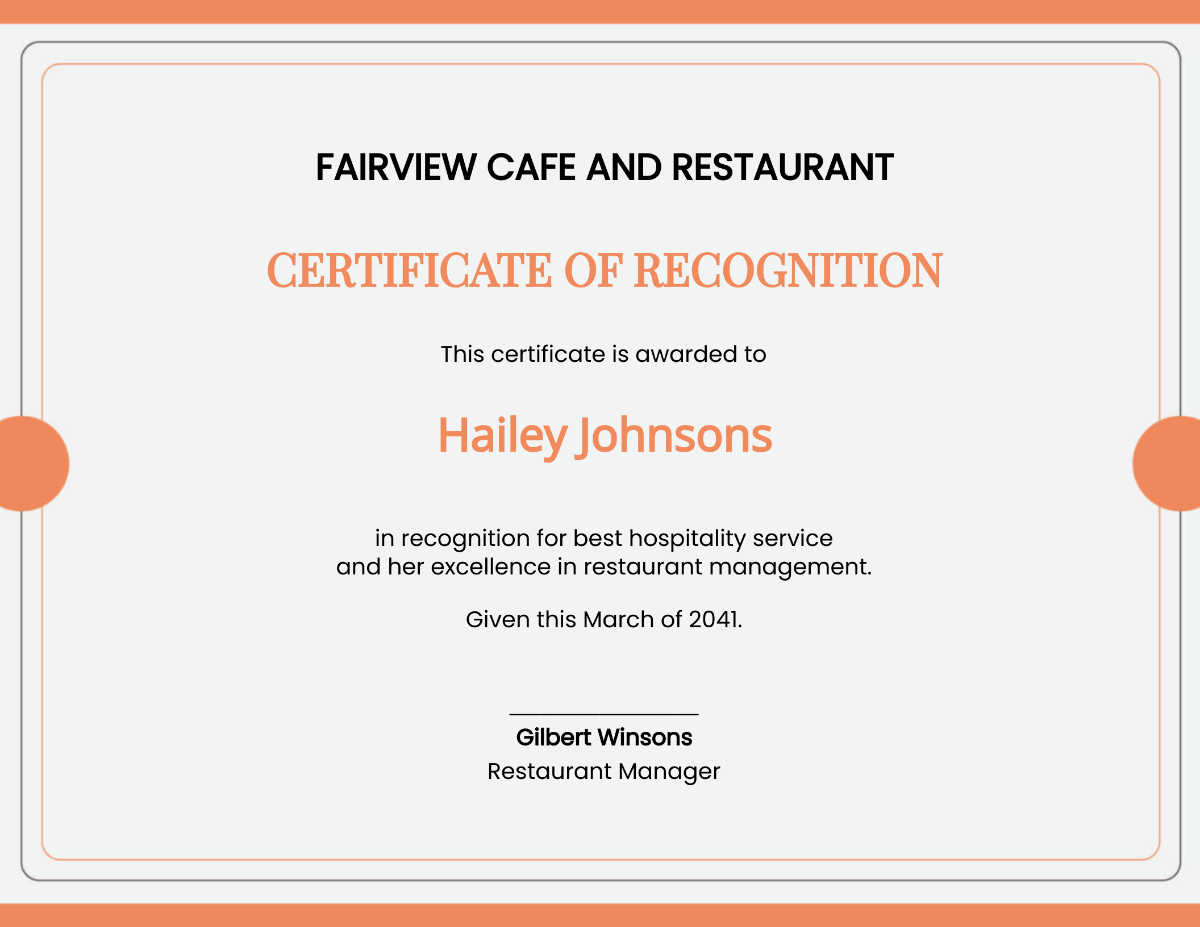 Restaurant Management Certificate Template