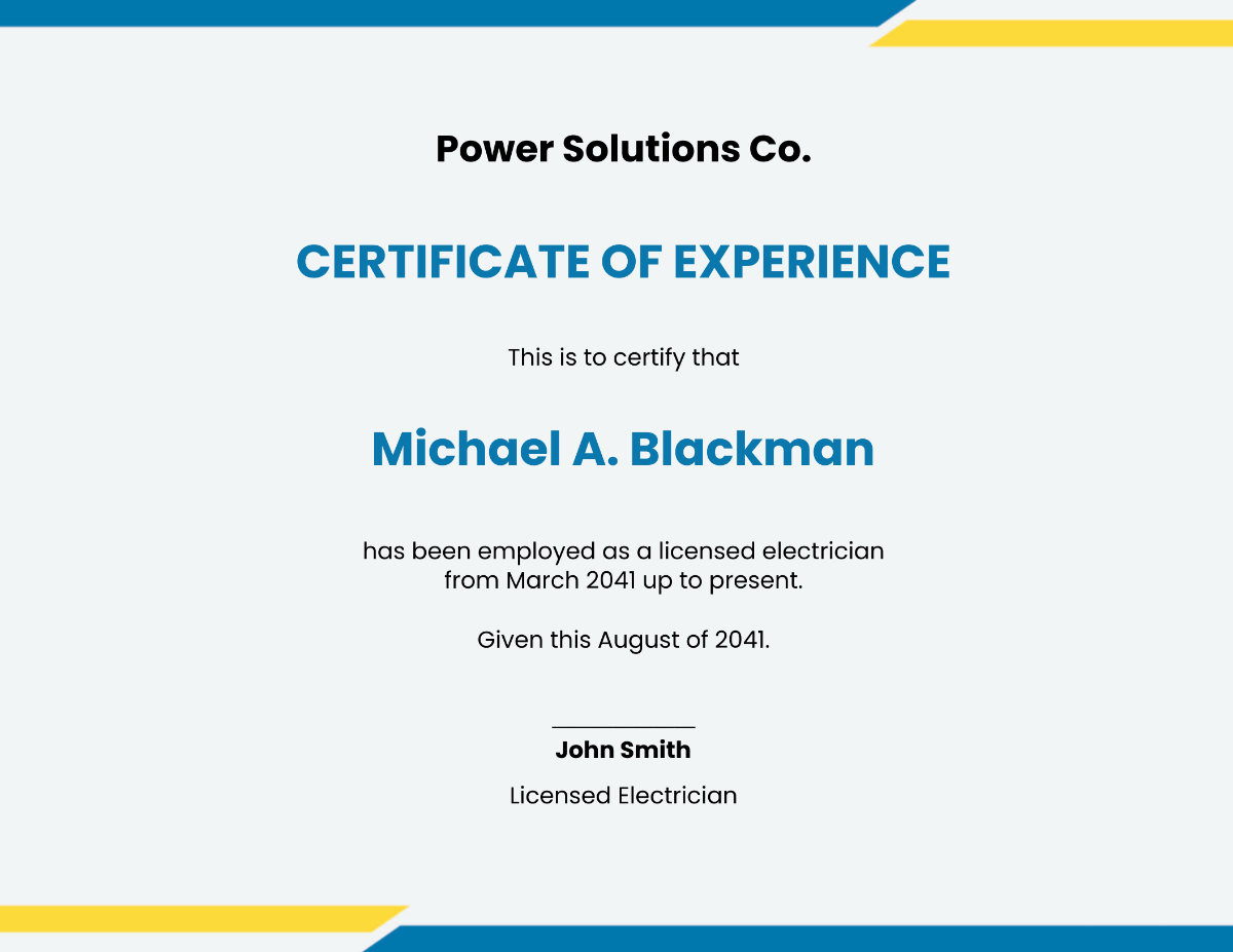 Electrician job experience certificate