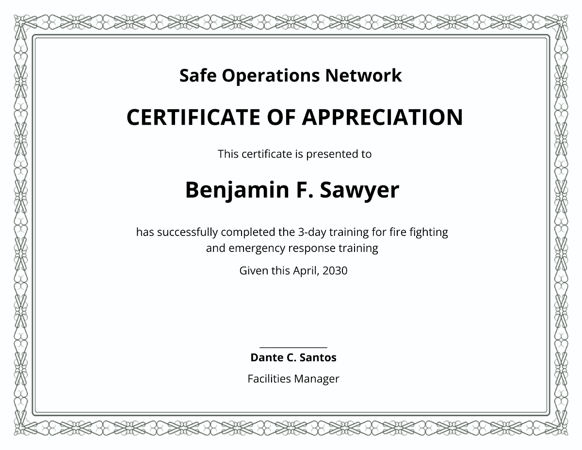 Safety Appreciation Certificate