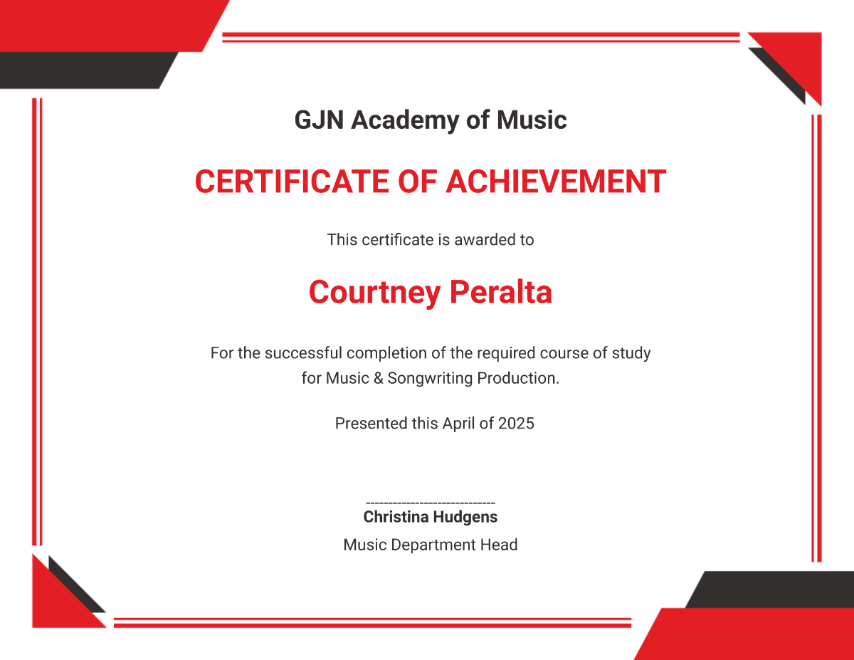Music Achievement Award Certificate