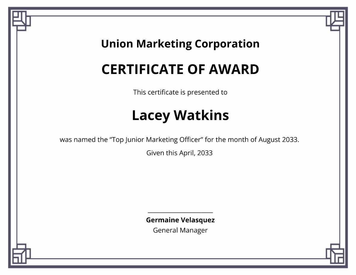 Corporate Award Certificate