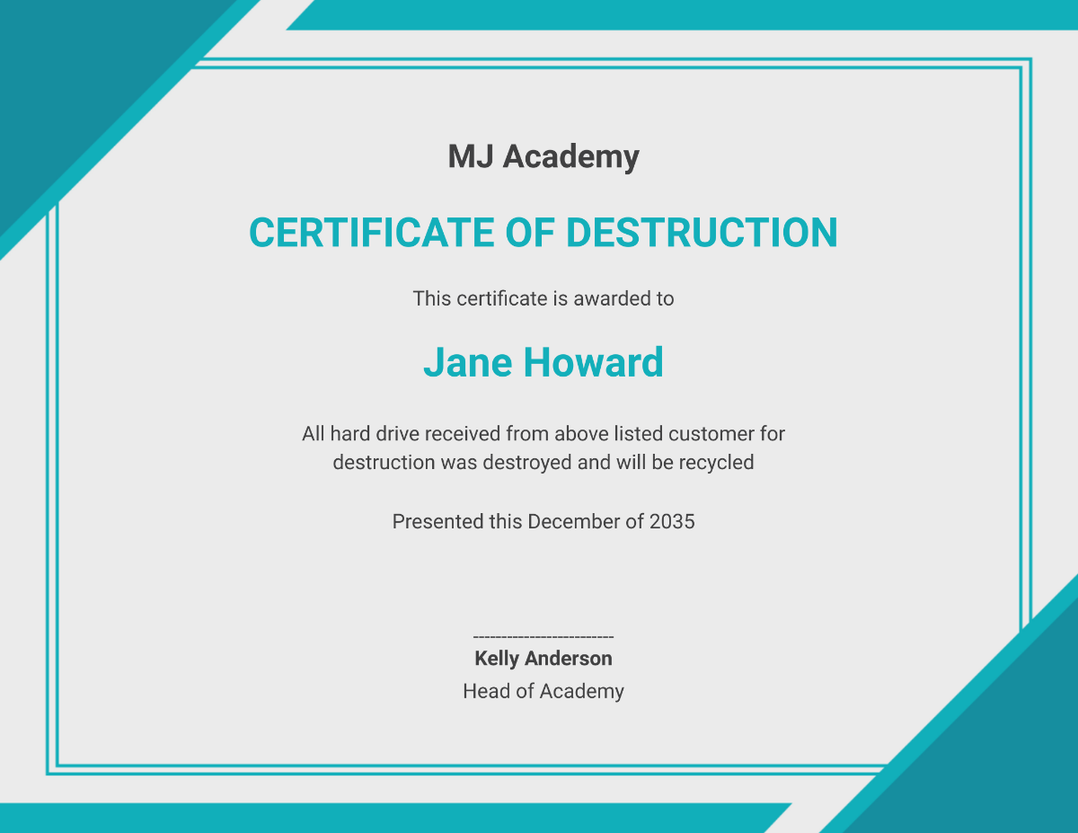 Hard Drive Destruction Certificate