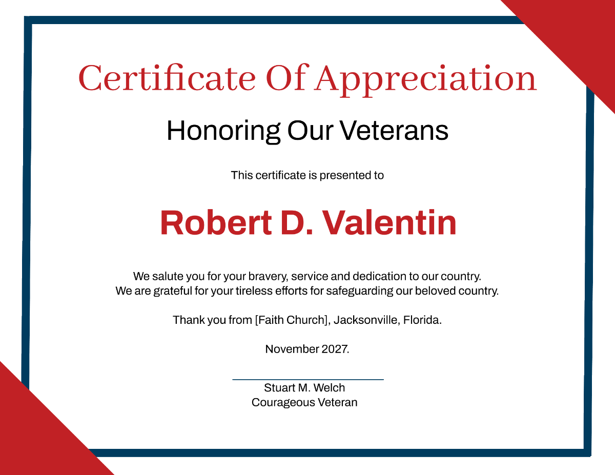 Veterans Day Appreciation Certificate