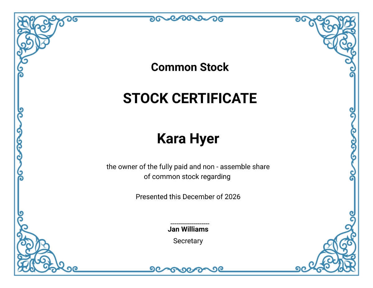Stock Certificate Sample