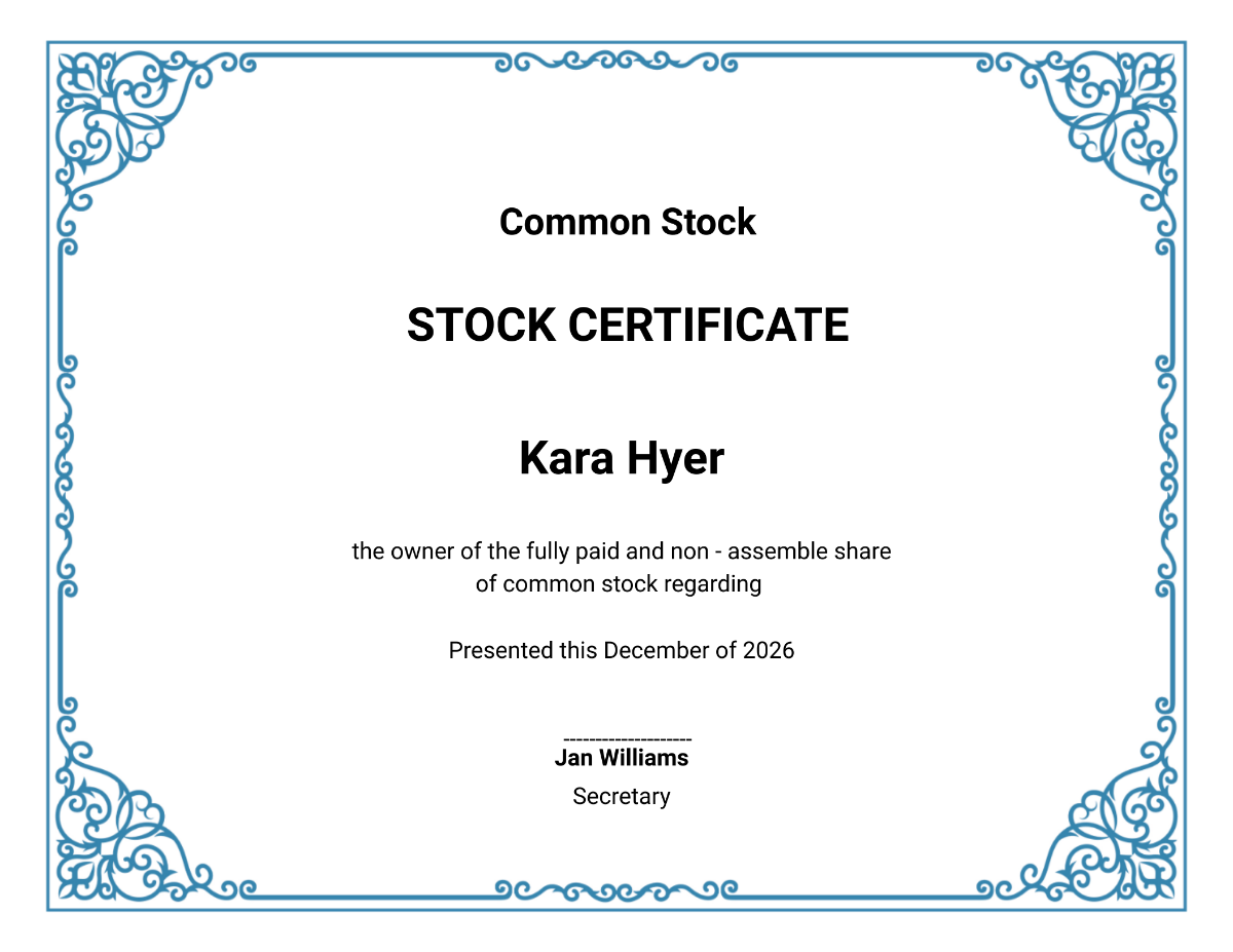 Stock Certificate Sample Template