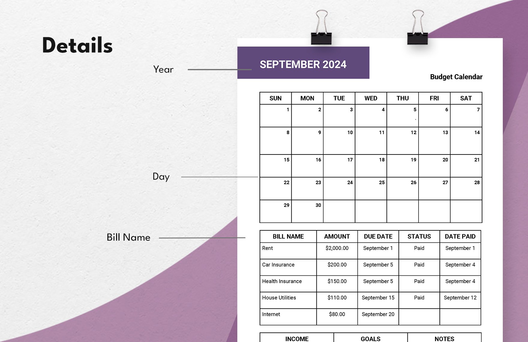 Monthly Budget Calendar Template