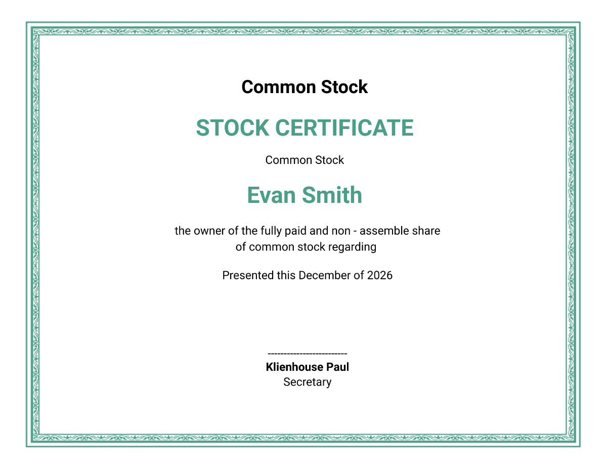 Stock Purchase Certificate Template