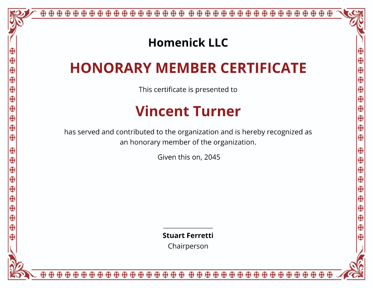 Certificate Of Honorary Membership
