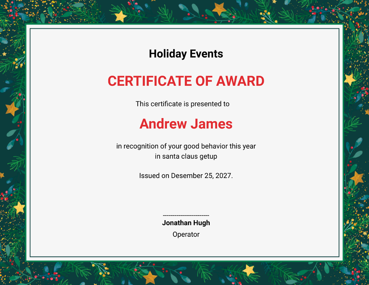 Holiday Award Certificate