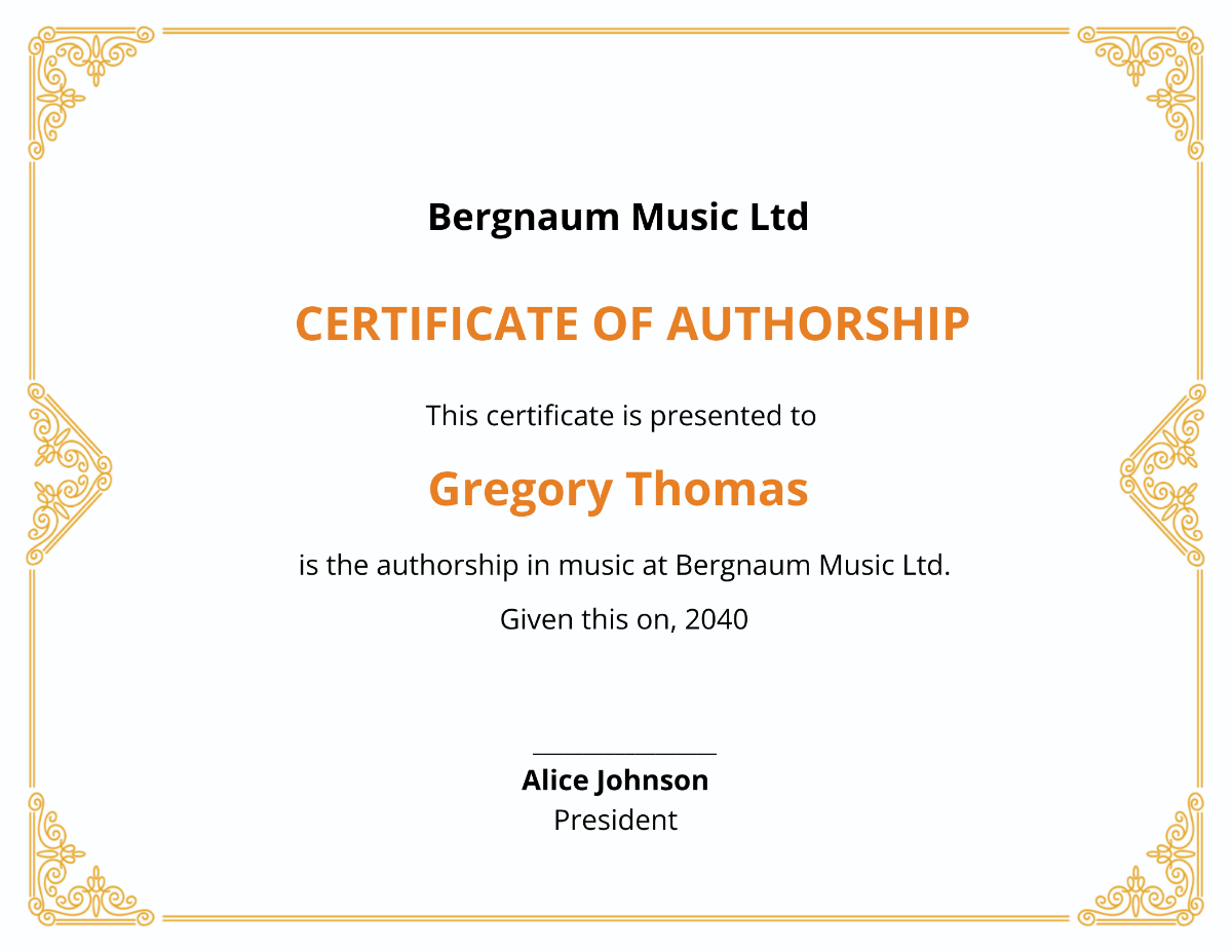 Certificate Of Authorship Music