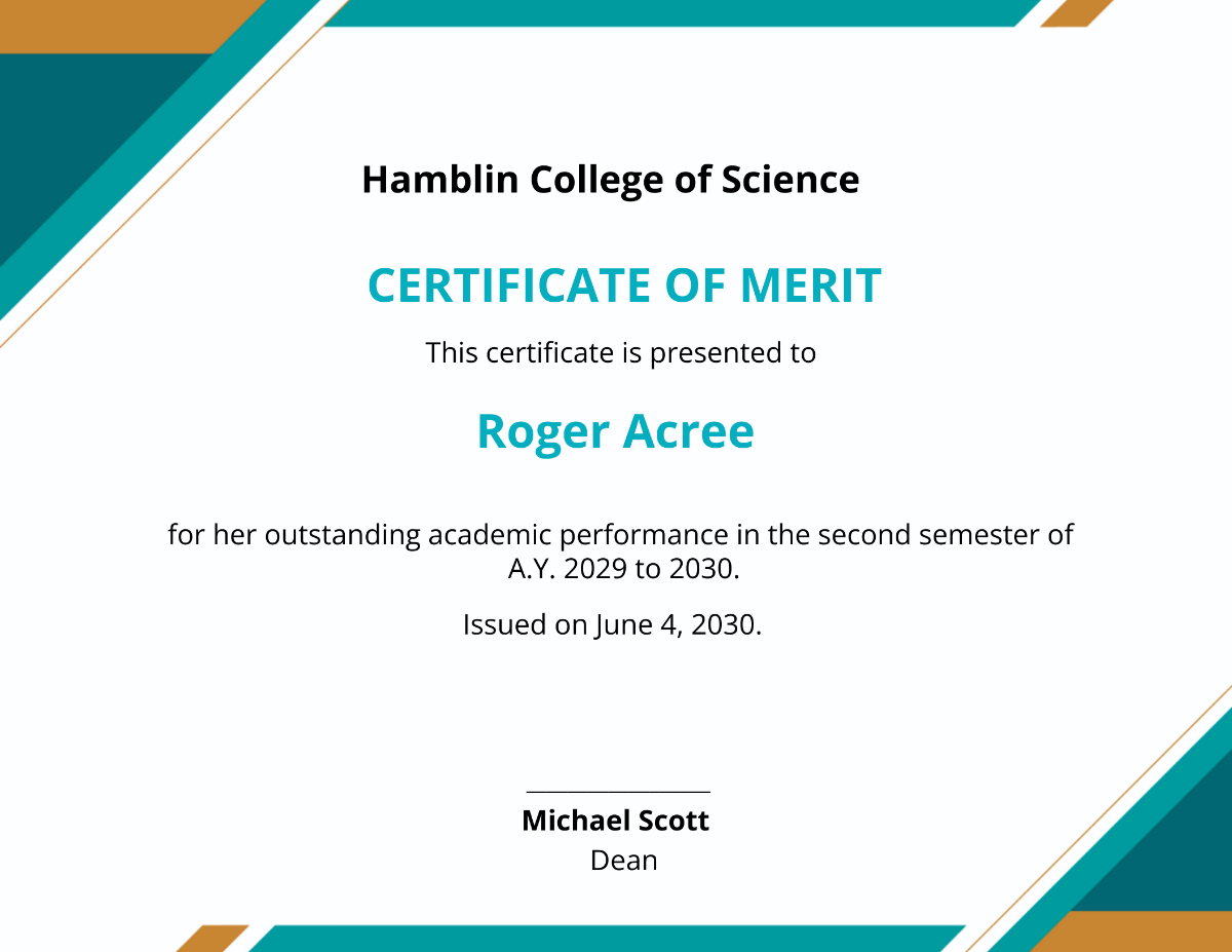 Sample Merit Award Certificate