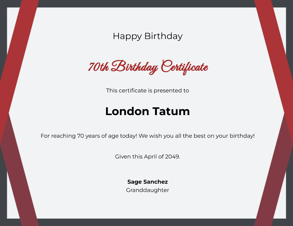 70th Birthday Certificate Template