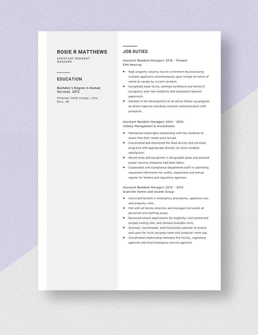 Assistant Resident Manager Resume