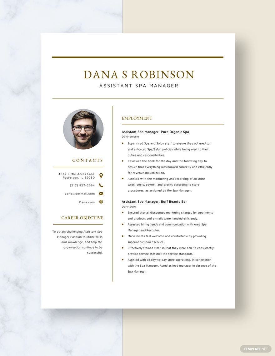 Free Assistant Spa Manager Resume Template