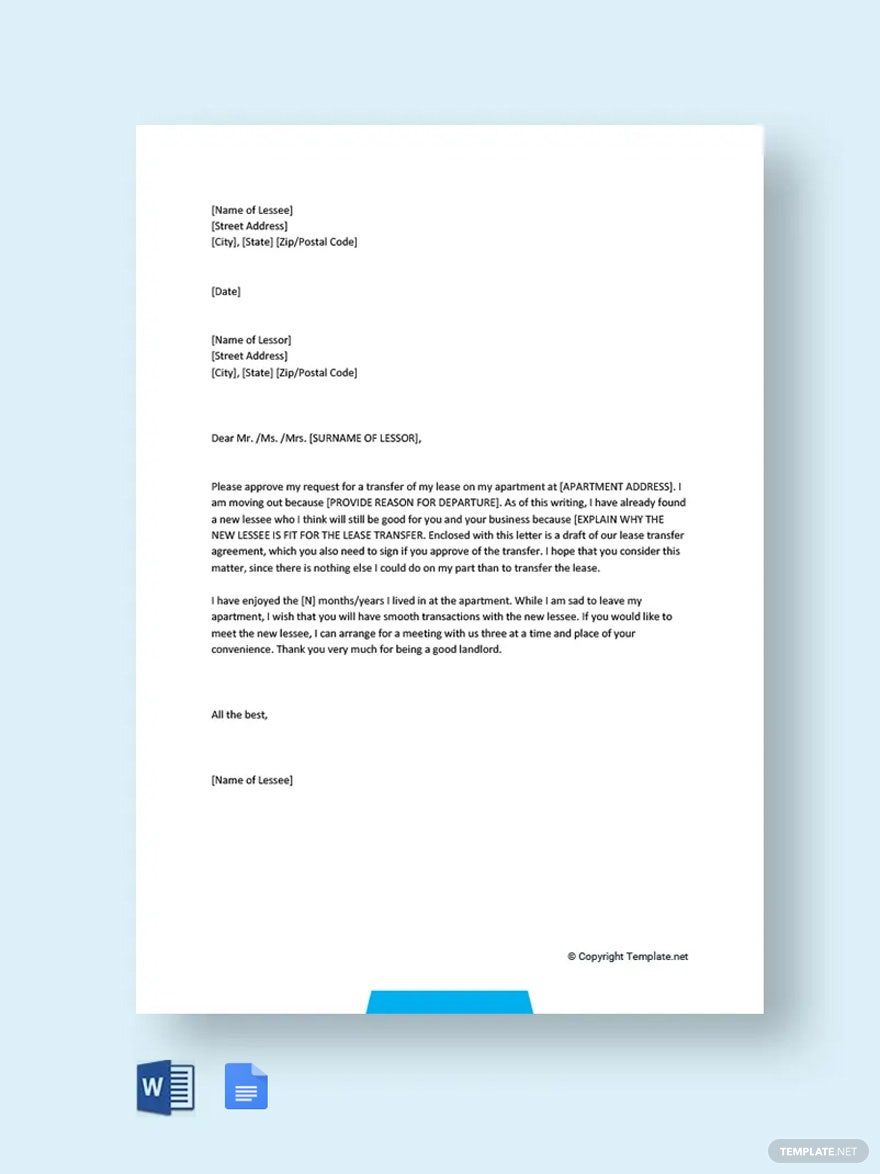 Apartment Lease Transfer Letter Template in Word, Google Docs, Pages, PDF - Download | Template.net