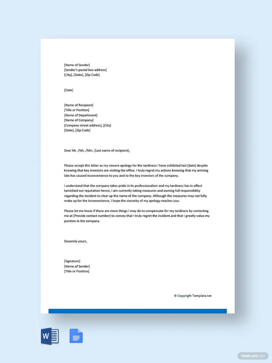 Apology Letter for Late Coming to Work Template in Word, Google Docs